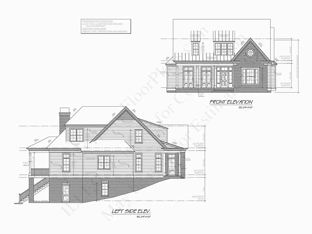 Exterior Elevations 5 – 1.5-Story House Plan with Basement 3175 ft²: 4 Beds, Home Office, 5.5 Baths, Open Floor Plan, 2-Car Garage — 70856R