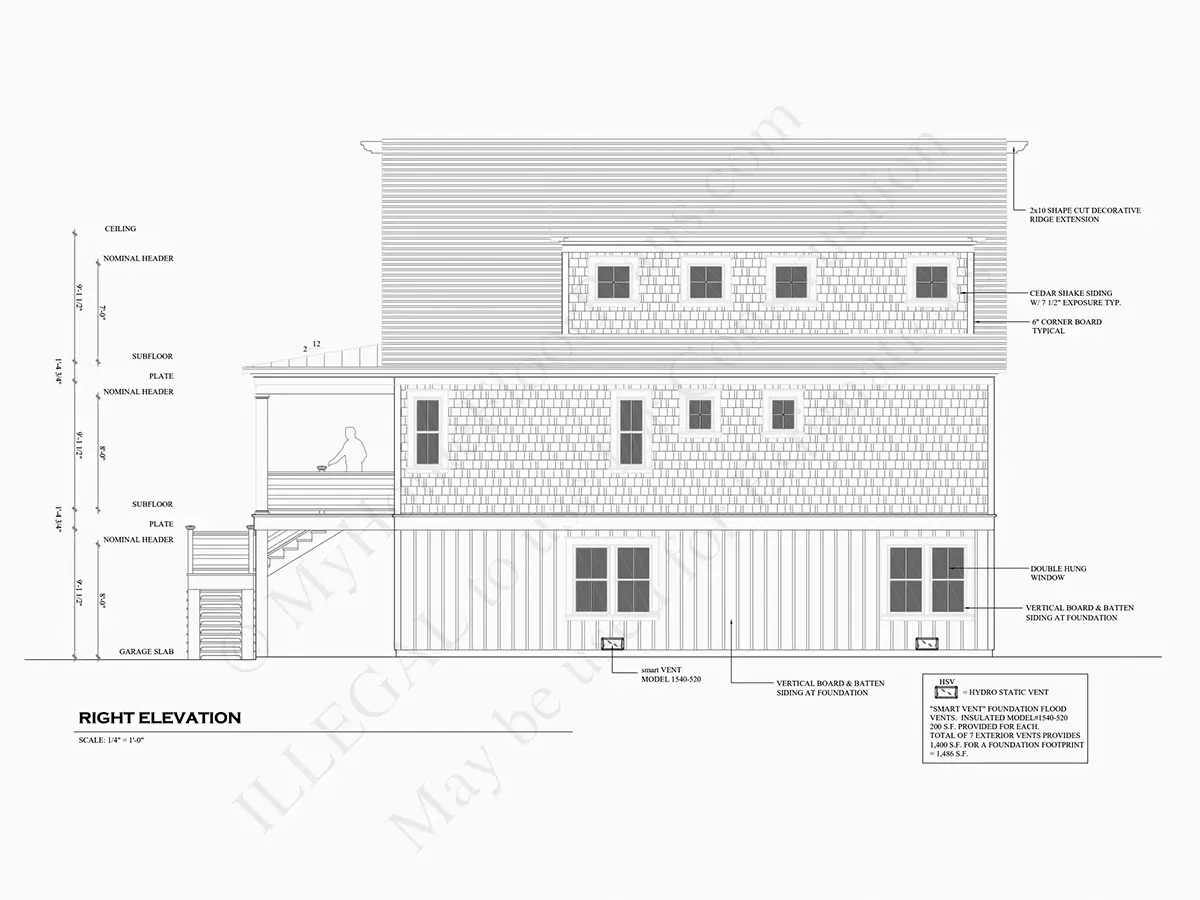 Exterior Elevations 9 – 3-Story House Plan 1300 ft²: 4 Beds, Home Office, 2.5 Baths, Open Floor Plan, 1-Car Garage — 94231R