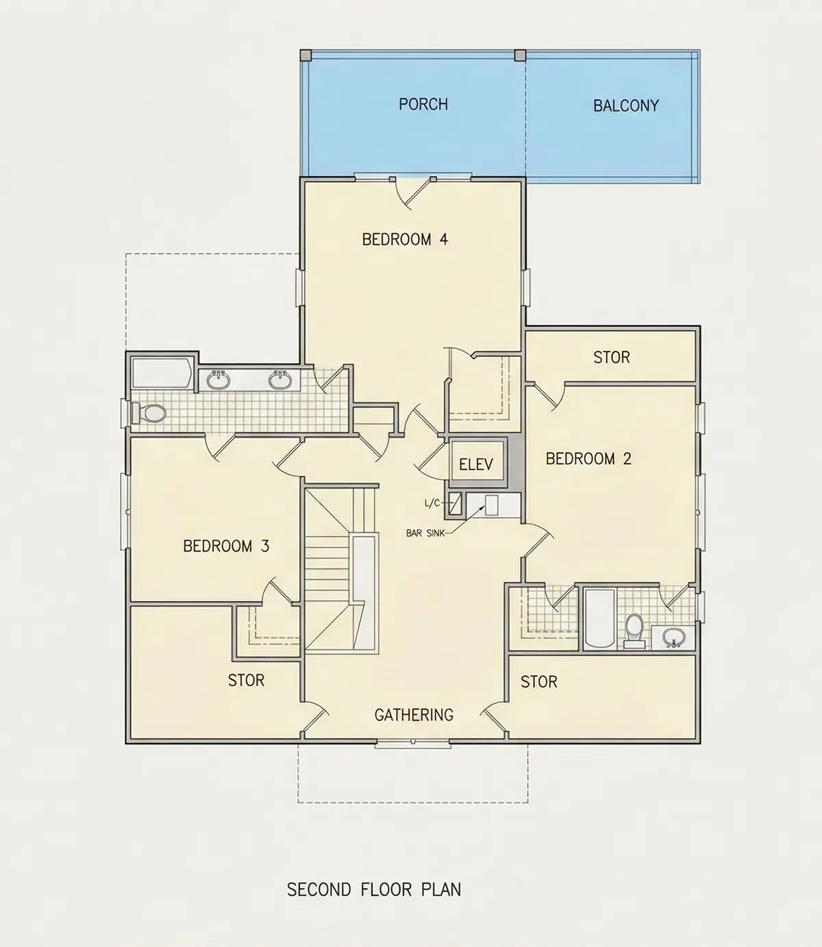 Second Floor 26 – 3-Story House Plan 3291 ft²: 4 Beds, Home Office, 4.5 Baths, Open Floor Plan, 4-Car Garage — 47749R
