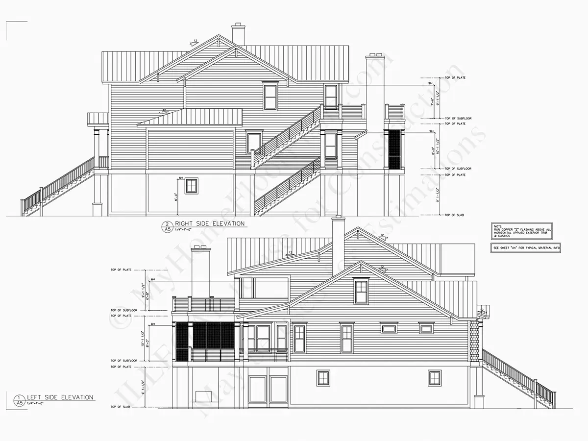 Exterior Elevations 6 – 3-Story House Plan 4222 ft²: 4 Beds, Home Office, 5.5 Baths, Open Floor Plan, 4-Car Garage — 81508R