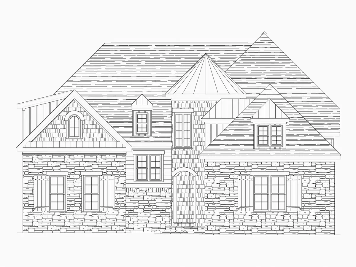 Exterior Elevations 20 – 2-Story House Plan 4300 ft²: 4 Beds, Home Office, 4 Baths, Open Floor Plan, 2-Car Garage — 88919R