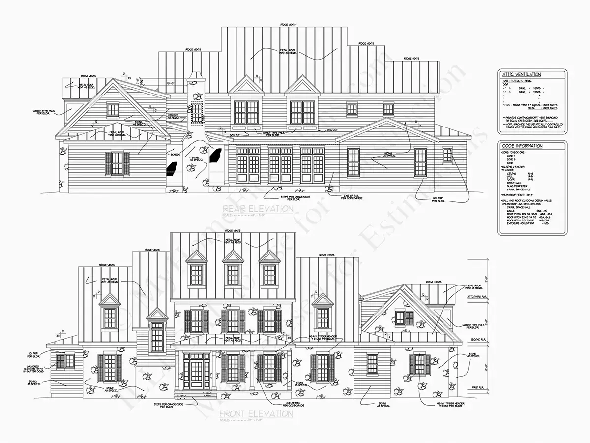 Exterior Elevations 18 – 3-Story House Plan 5621 ft²: 4 Beds, Home Office, 7 Baths, Open Floor Plan, 3-Car Garage — 95085R