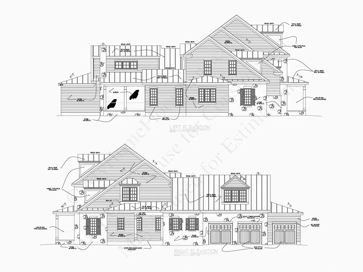 Exterior Elevations 19 – 3-Story House Plan 5621 ft²: 4 Beds, Home Office, 7 Baths, Open Floor Plan, 3-Car Garage — 95085R