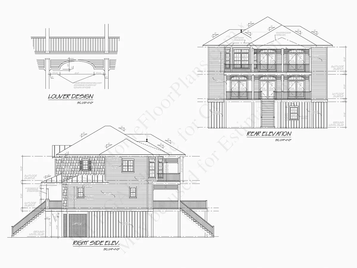 Exterior Elevations 7 – 3-Story House Plan 2877 ft²: 3 Beds, Home Office, 5 Baths, Open Floor Plan, 4-Car Garage — 73259R