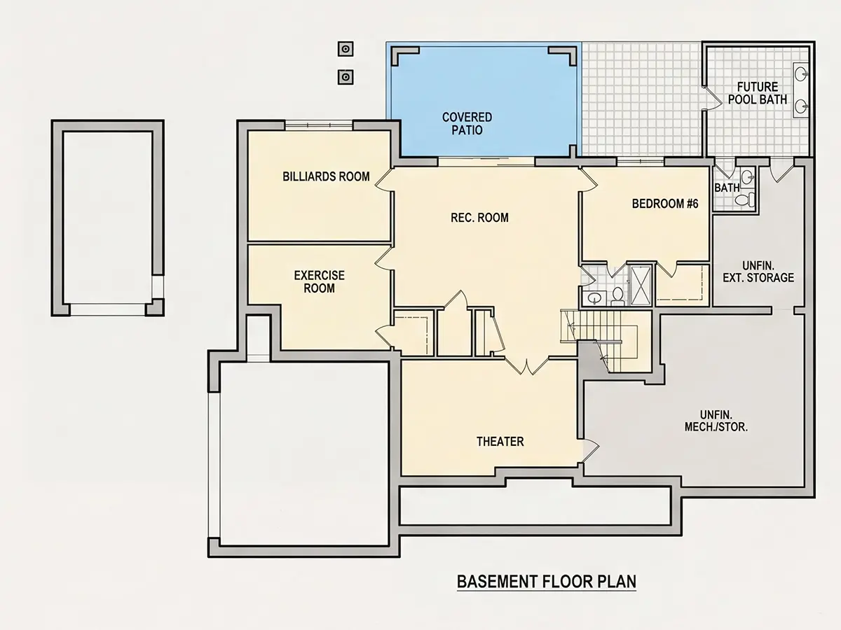 Basement 10 – 2-Story House Plan with Basement 6952 ft²: 6 Beds, Home Office, 6 Baths, Open Floor Plan, 3-Car Garage — 35577R