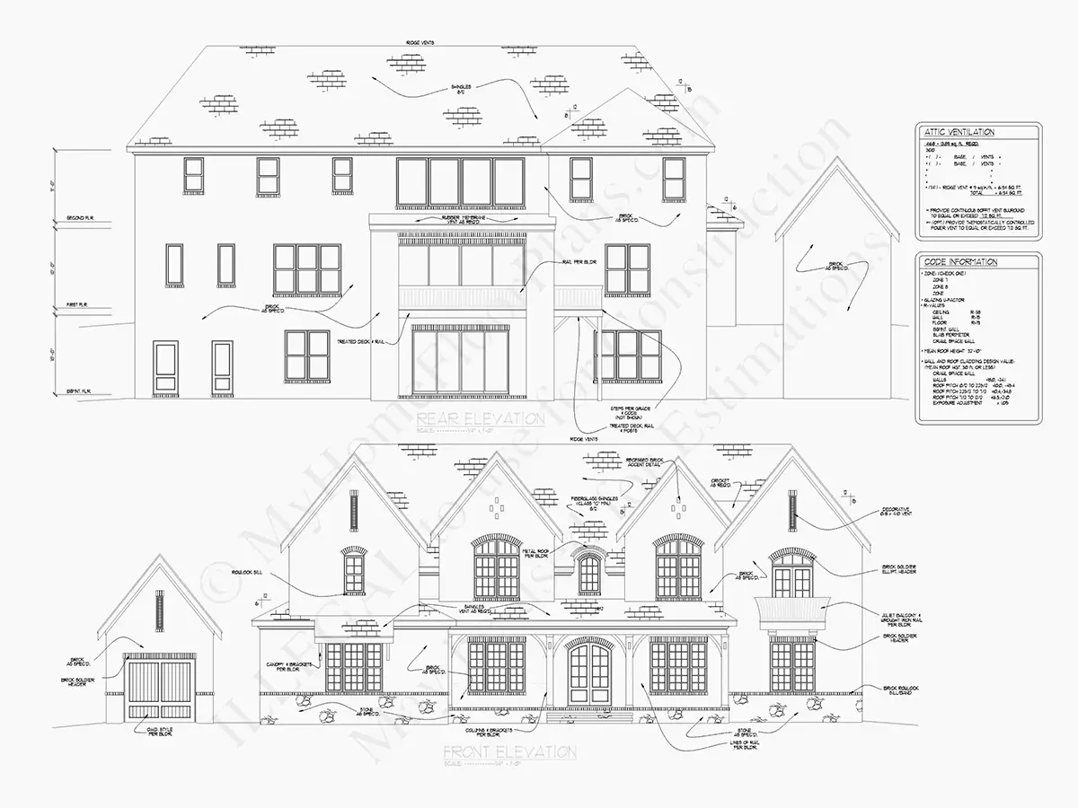 Exterior Elevations 8 – 2-Story House Plan with Basement 6952 ft²: 6 Beds, Home Office, 6 Baths, Open Floor Plan, 3-Car Garage — 35577R