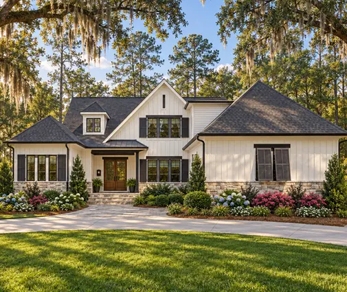 Thumbnail 1 – 1.5-Story House Plan 4282 ft²: 4 Beds, Home Office, 4.5 Baths, Open Floor Plan, 2-Car Garage — 43606R