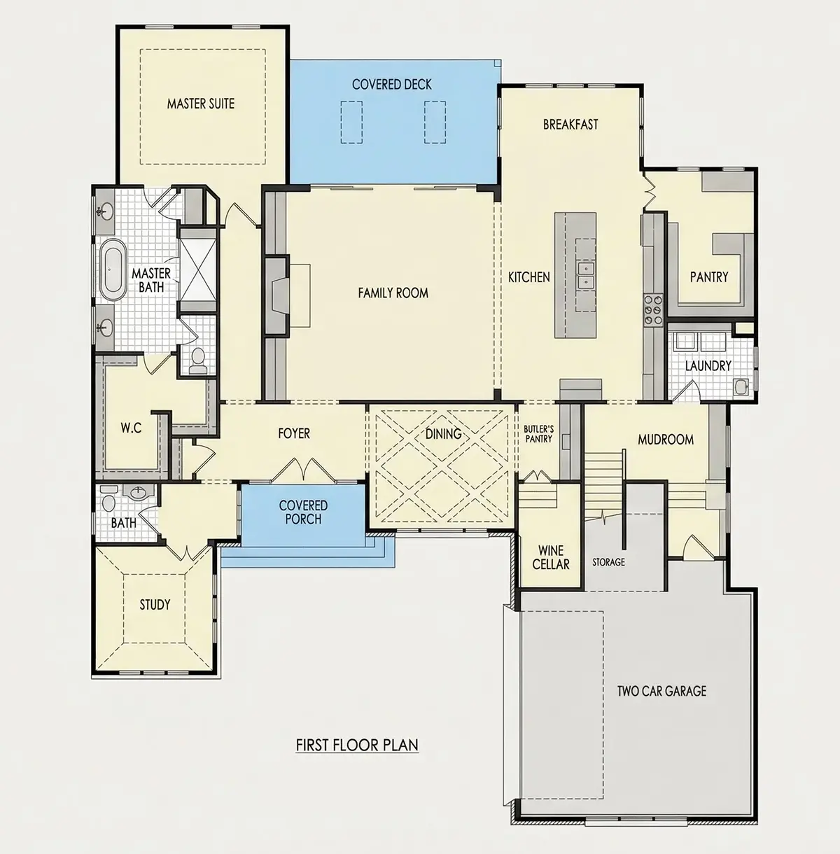 Main Floor 21 – 1.5-Story House Plan 4282 ft²: 4 Beds, Home Office, 4.5 Baths, Open Floor Plan, 2-Car Garage — 43606R