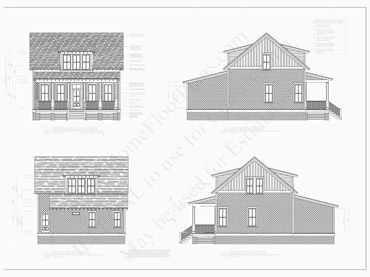 Exterior Elevations 8 – 1.5-Story House Plan 1701 ft²: 3 Beds, 2 Baths, without Garage — 52914R