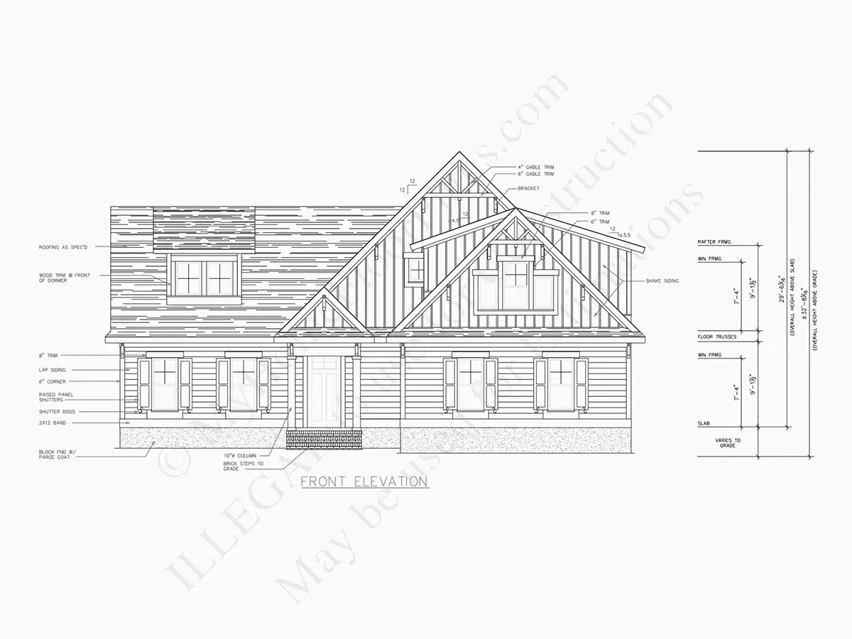 Exterior Elevations 5 – 1.5-Story House Plan 2823 ft²: 3 Beds, 3.5 Baths, Open Floor Plan, 2-Car Garage — 39612R
