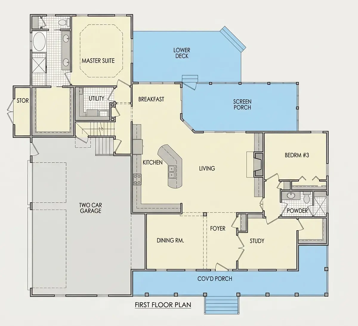 Main Floor 11 – 1.5-Story House Plan 3050 ft²: 2 Beds, Home Office, 3 Baths, Open Floor Plan, 3-Car Garage — 79515R