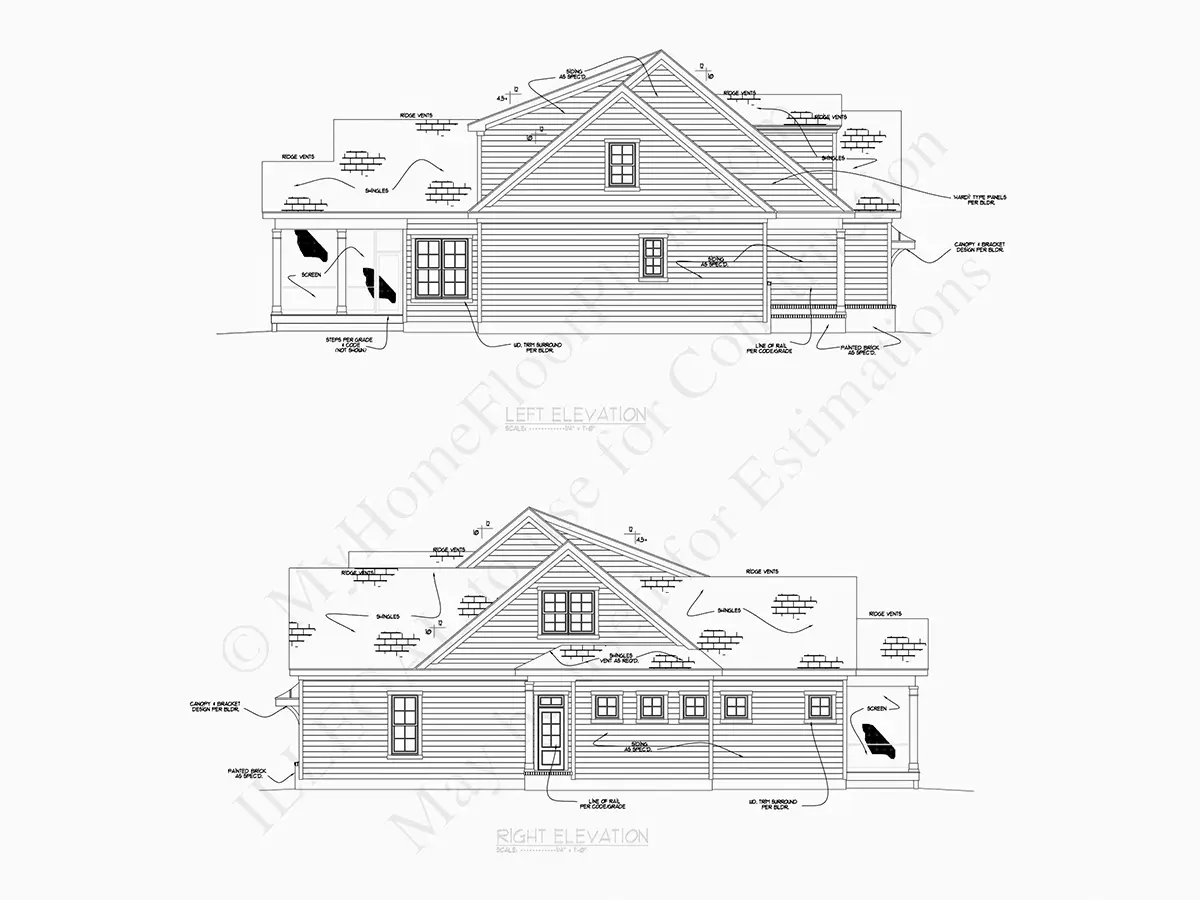 Exterior Elevations 9 – 1.5-Story House Plan 3539 ft²: 4 Beds, Home Office, 4.5 Baths, Open Floor Plan, 2-Car Garage — 45616R