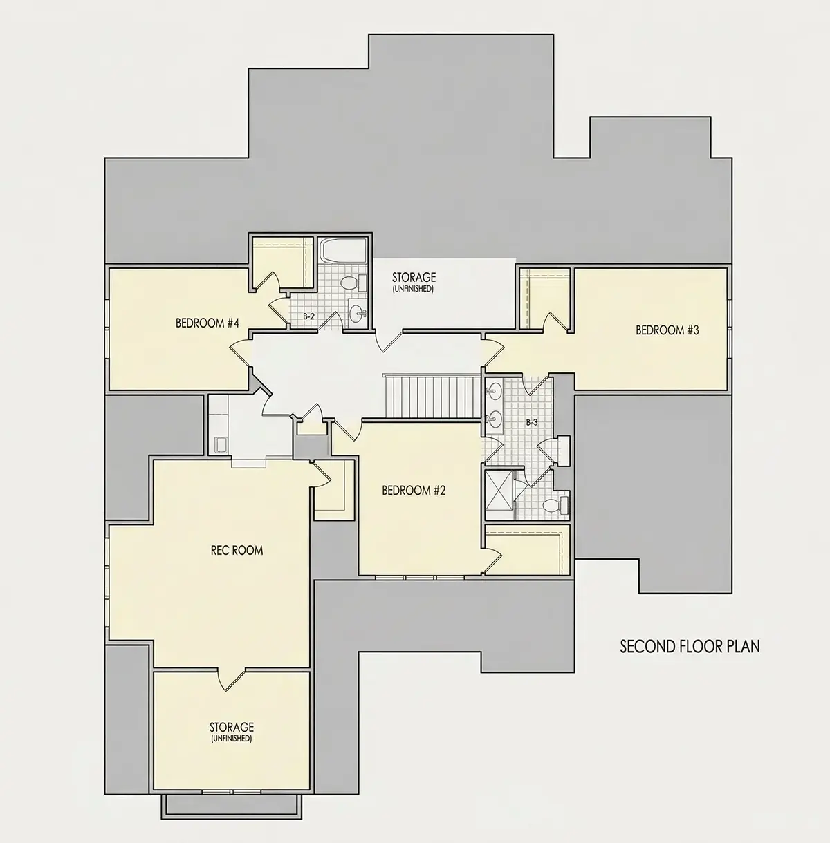 Second Floor 25 – 1.5-Story House Plan 3912 ft²: 5 Beds, 4.5 Baths, Open Floor Plan, 3-Car Garage — 64220R