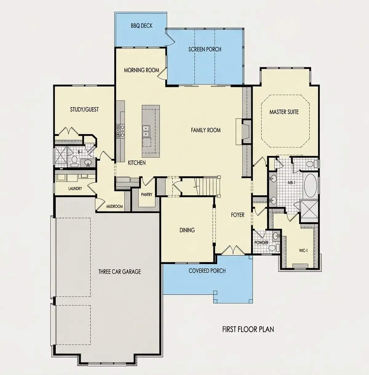 Main Floor 24 – 1.5-Story House Plan 3912 ft²: 5 Beds, 4.5 Baths, Open Floor Plan, 3-Car Garage — 64220R