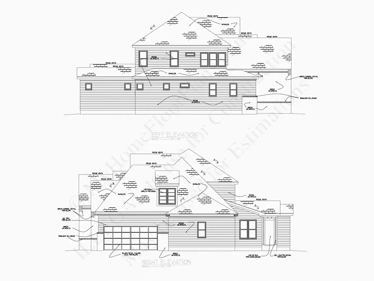 Exterior Elevations 11 – 2-Story House Plan 4037 ft²: 4 Beds, Home Office, 5 Baths, Open Floor Plan, 3-Car Garage — 32038R