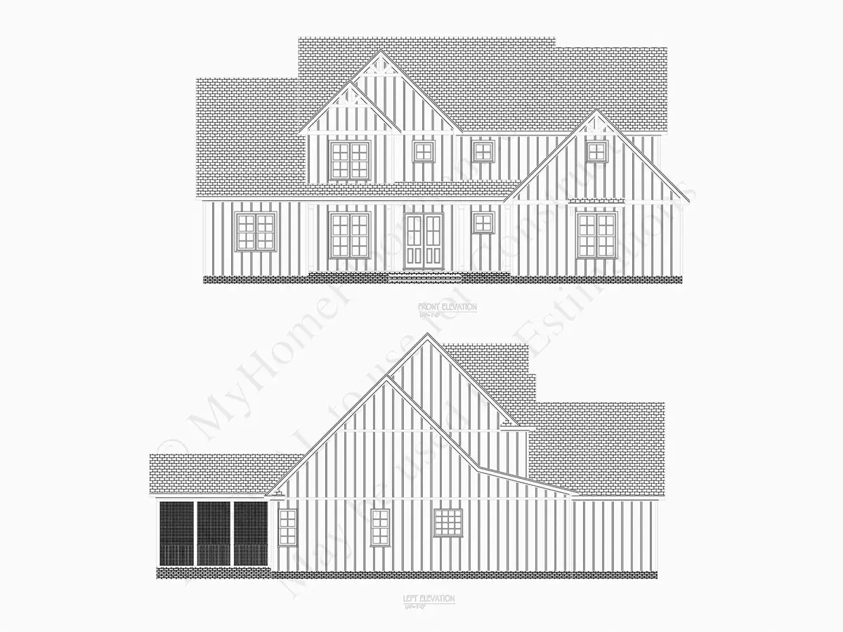 Exterior Elevations 6 – 2-Story House Plan 3744 ft²: 4 Beds, Home Office, 3.5 Baths, Open Floor Plan, 2-Car Garage — 82521R