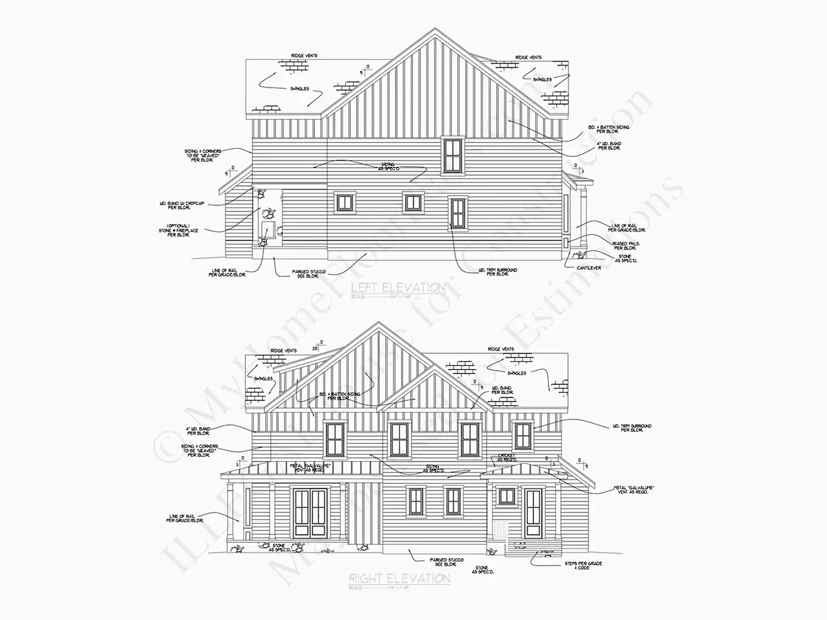 Exterior Elevations 8 – 2-Story House Plan 1765 ft²: 5 Beds, 4.5 Baths, Open Floor Plan, without Garage — 44546R