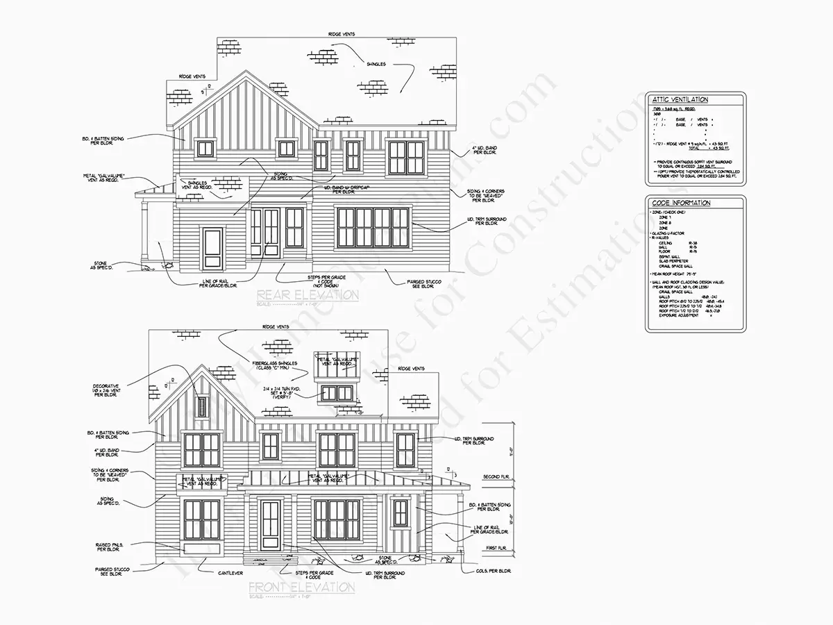 Exterior Elevations 7 – 2-Story House Plan 1765 ft²: 5 Beds, 4.5 Baths, Open Floor Plan, without Garage — 44546R