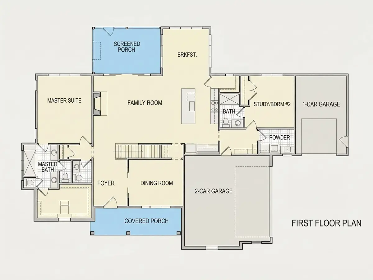 Main Floor 18 – 2-Story House Plan 3103 ft²: 4 Beds, 4.5 Baths, Open Floor Plan, 2-Car Garage — 95174R
