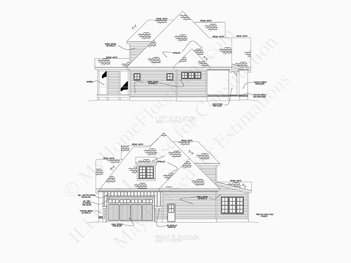 Exterior Elevations 17 – 2-Story House Plan 3103 ft²: 4 Beds, 4.5 Baths, Open Floor Plan, 2-Car Garage — 95174R