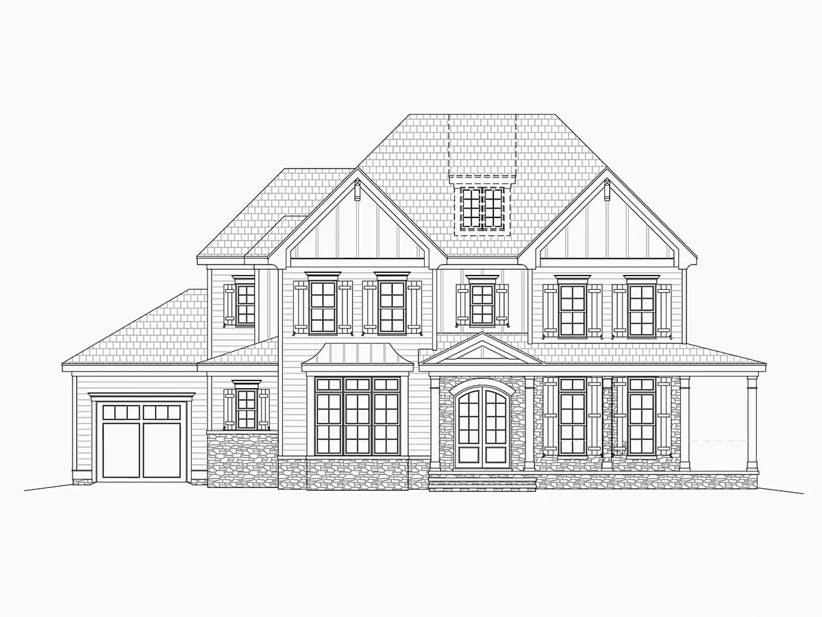 Exterior Elevations 11 – 2-Story House Plan 4886 ft²: 5 Beds, Home Office, 4.5 Baths, Open Floor Plan, 2-Car Garage — 78053R