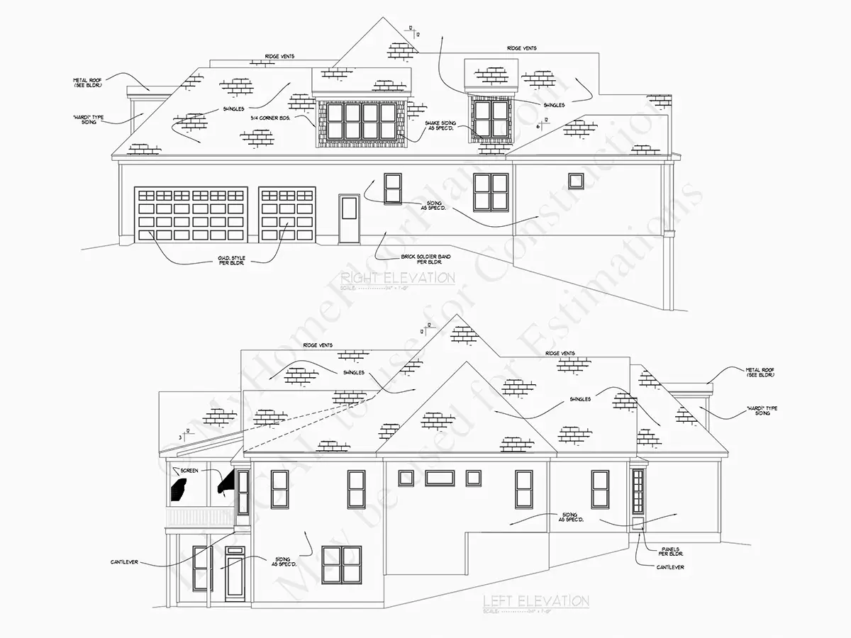 Exterior Elevations 7 – 1.5-Story House Plan with Basement 7515 ft²: 6 Beds, 5.5 Baths, Open Floor Plan, 3-Car Garage — 84878R