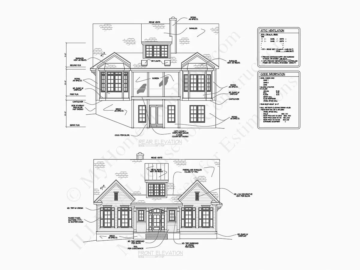 Exterior Elevations 15 – 1.5-Story House Plan with Basement 4539 ft²: 4 Beds, Home Office, 5.5 Baths, Open Floor Plan, without Garage — 24814R