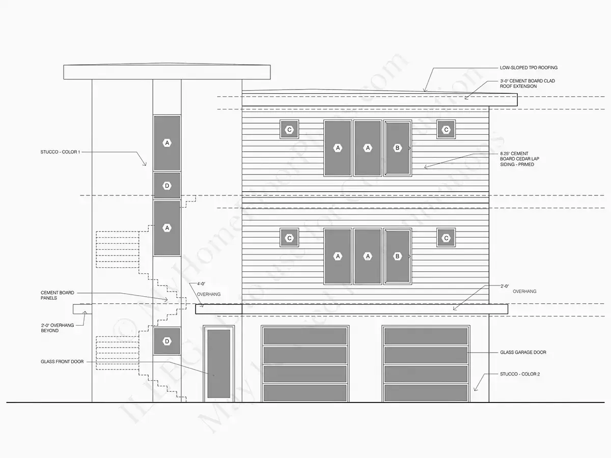 Exterior Elevations 20 – 3-Story House Plan 3779 ft²: 5 Beds, Home Office, 4 Baths, Open Floor Plan, 2-Car Garage — 70598R