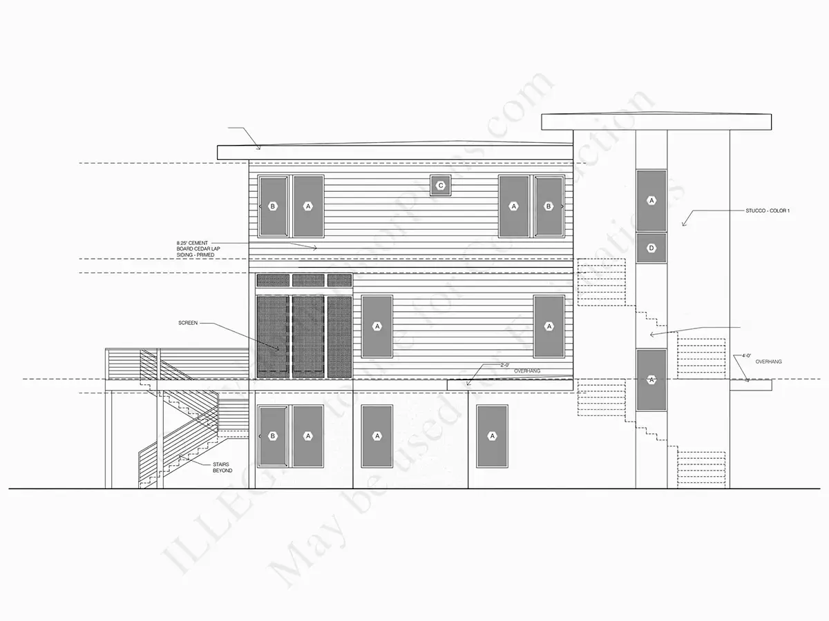 Exterior Elevations 21 – 3-Story House Plan 3779 ft²: 5 Beds, Home Office, 4 Baths, Open Floor Plan, 2-Car Garage — 70598R