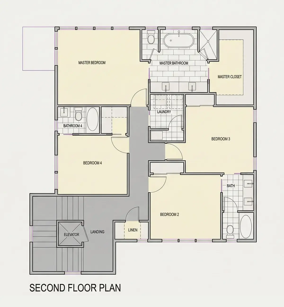 Second Floor 26 – 3-Story House Plan 3779 ft²: 5 Beds, Home Office, 4 Baths, Open Floor Plan, 2-Car Garage — 70598R