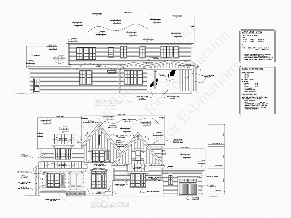 Exterior Elevations 20 – 2-Story House Plan 4005 ft²: 4 Beds, Home Office, 5.5 Baths, Open Floor Plan, 3-Car Garage — 76809R