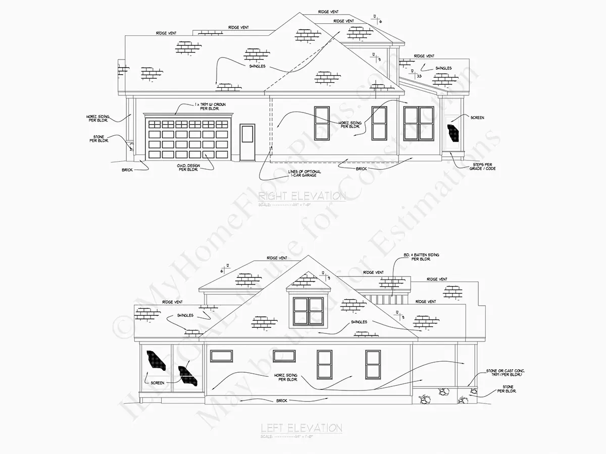 Exterior Elevations 21 – 1.5-Story House Plan 3030 ft²: 4 Beds, 3.5 Baths, Open Floor Plan, 3-Car Garage — 59002R