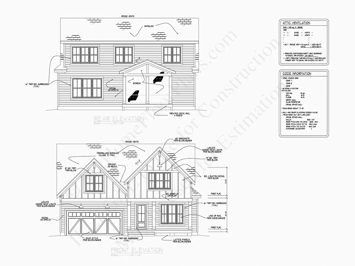 Exterior Elevations 5 – 2-Story House Plan 2396 ft²: 4 Beds, 3 Baths, Open Floor Plan, 2-Car Garage — 46774R