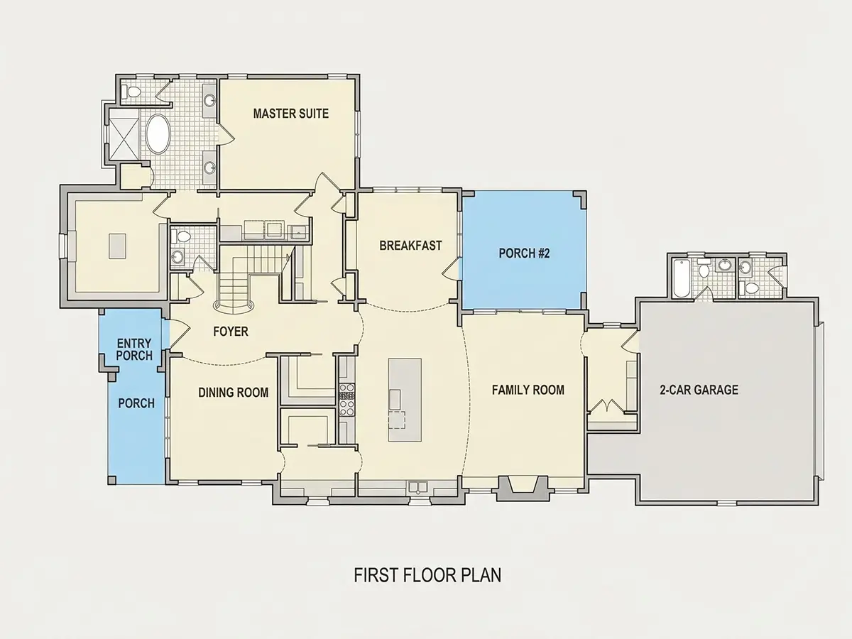 Main Floor 1 – 2-Story House Plan 3877 ft²: 4 Beds, 5.5 Baths, Open Floor Plan, 2-Car Garage — 94639R