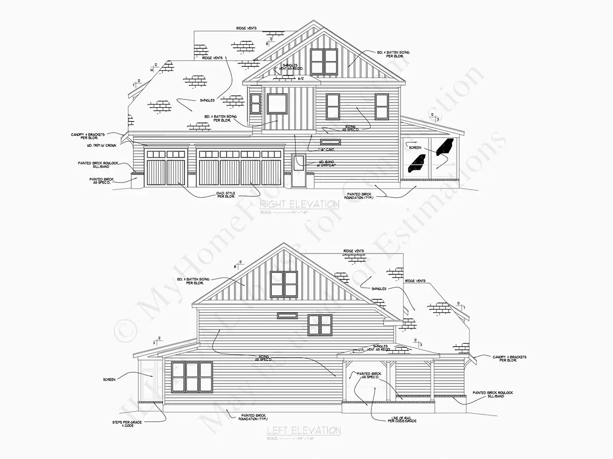 Exterior Elevations 8 – 3-Story House Plan 3157 ft²: 5 Beds, 5 Baths, Open Floor Plan, 3-Car Garage — 54803R