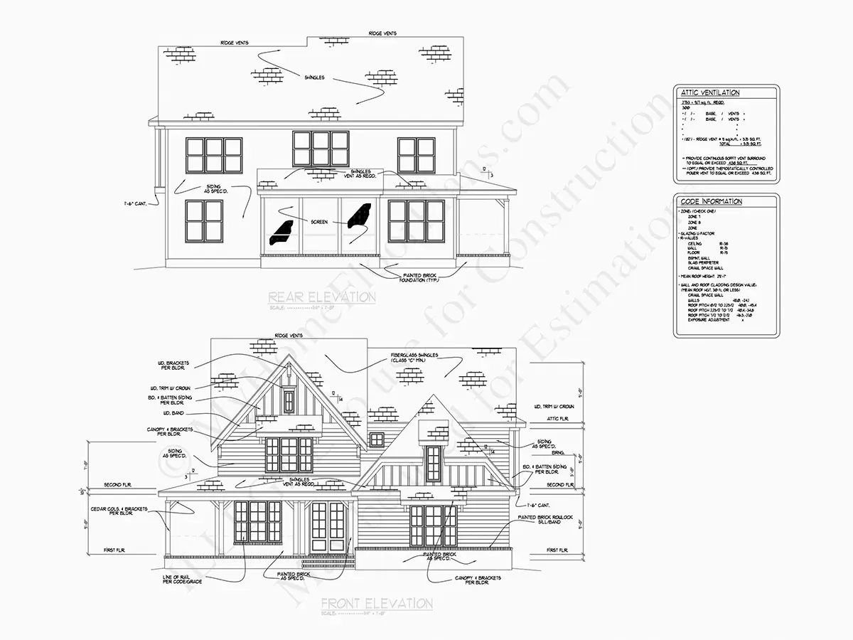 Exterior Elevations 7 – 3-Story House Plan 3157 ft²: 5 Beds, 5 Baths, Open Floor Plan, 3-Car Garage — 54803R