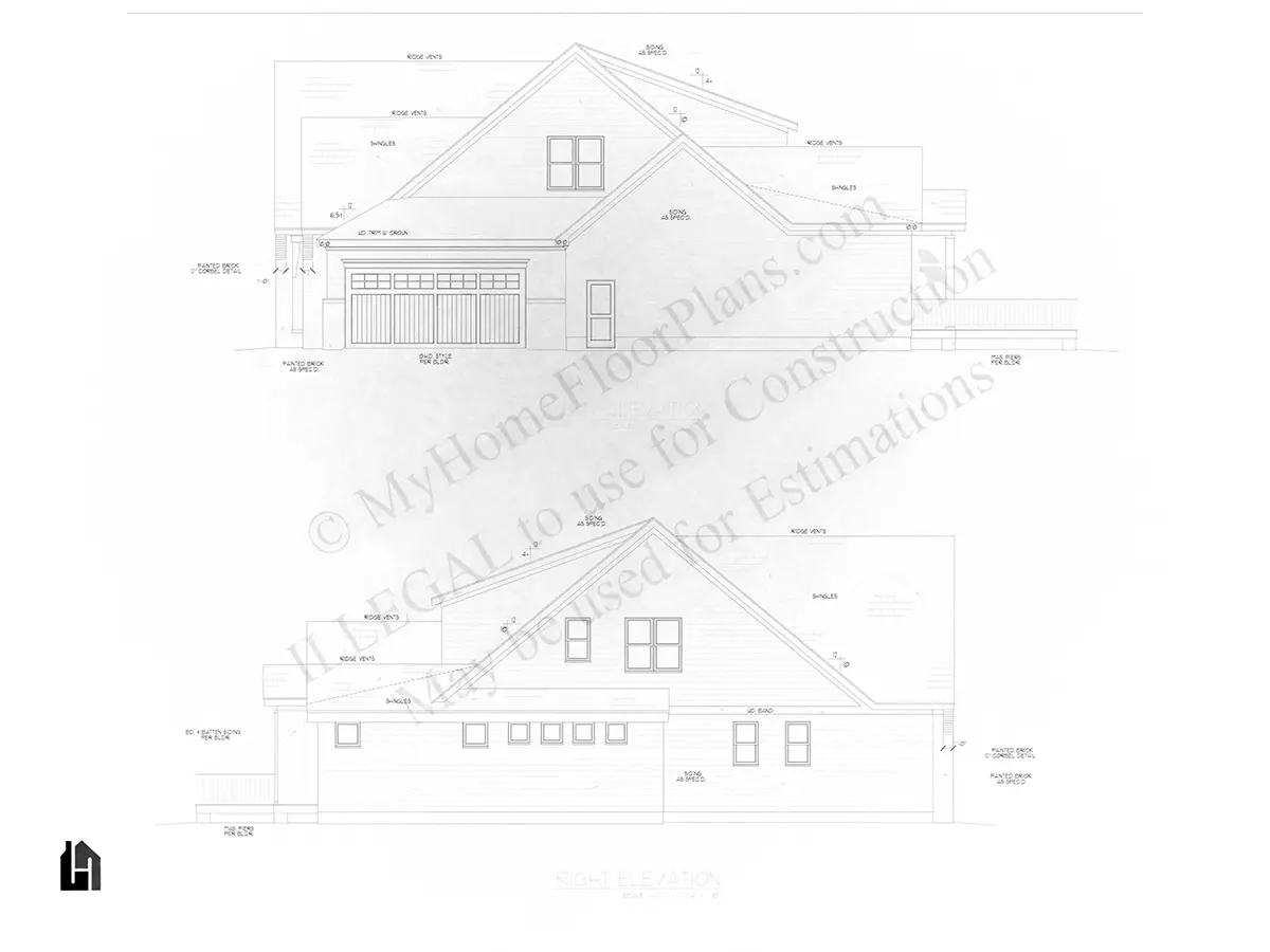 Exterior Elevations 12 – 2-Story House Plan 3691 ft²: 4 Beds, Home Office, 5.5 Baths, Open Floor Plan, 3-Car Garage — 63741R