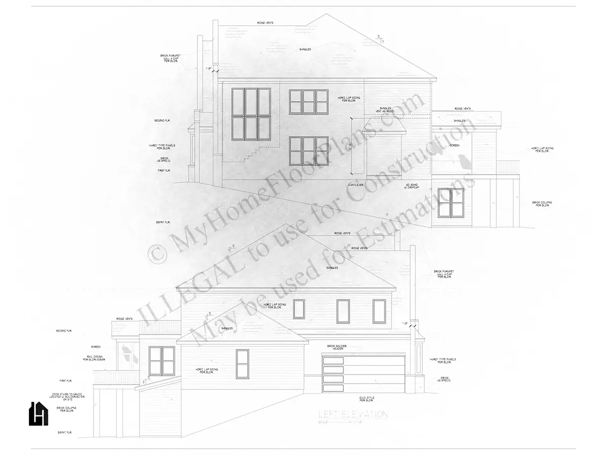 Exterior Elevations 11 – 2-Story House Plan with Basement 6713 ft²: 5 Beds, Home Office, 6 Baths, Open Floor Plan, 3-Car Garage — 82614R