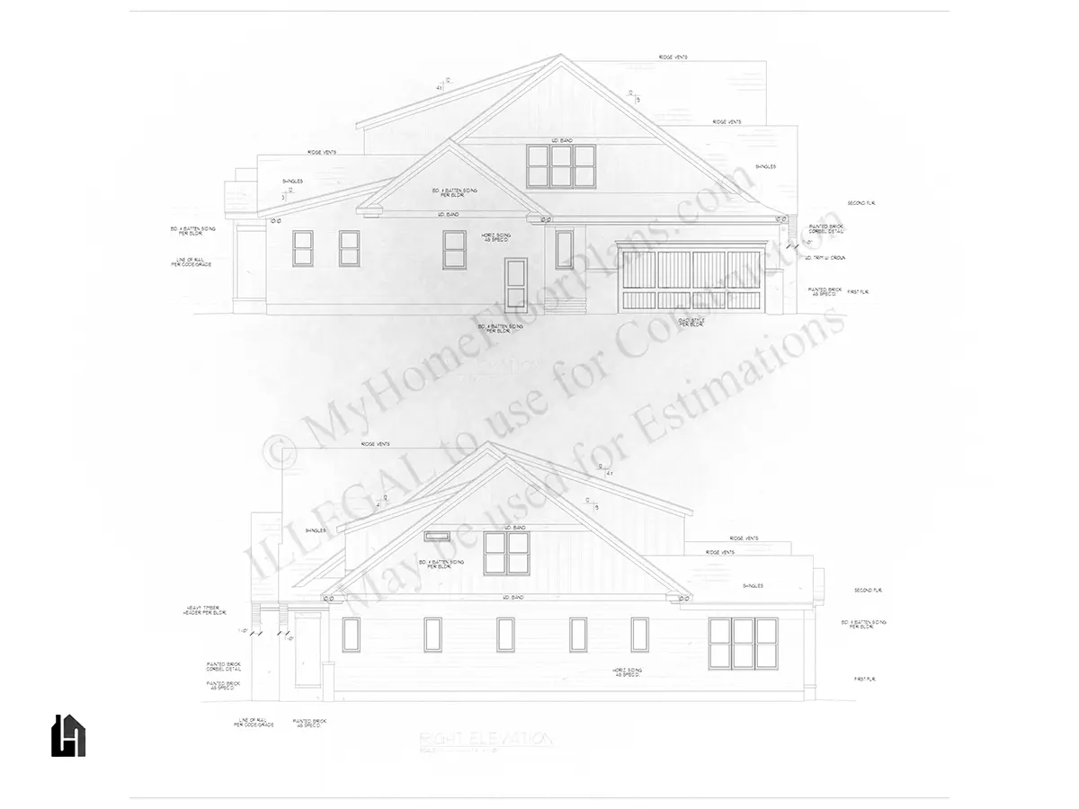 Exterior Elevations 17 – 2-Story House Plan 4277 ft²: 4 Beds, Home Office, 5 Baths, Open Floor Plan, 3-Car Garage — 38077R