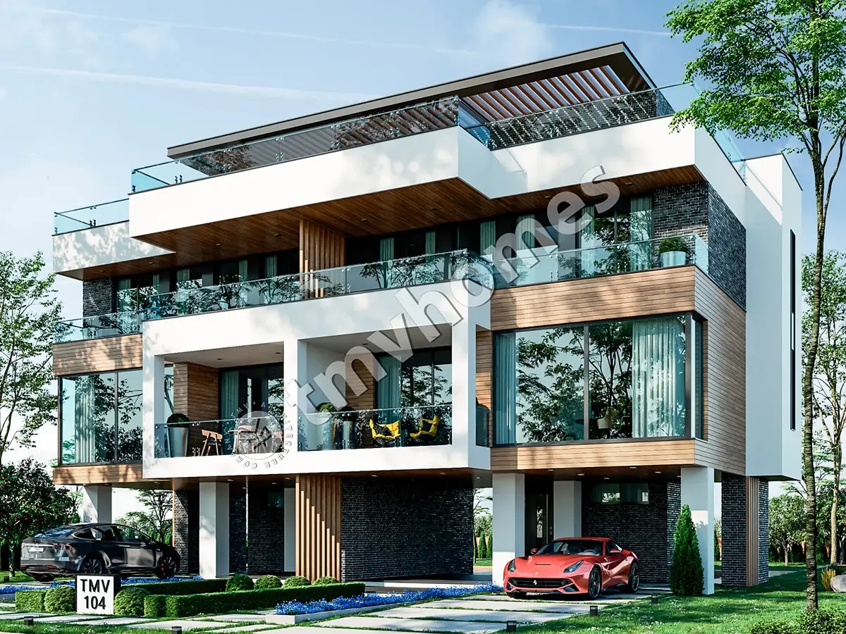 3-Story Modern Duplex Plan with Large Windows and Rooftop Deck – 1354 ft² Sq Ft per Unit