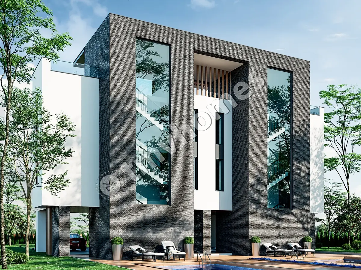 3-Story Modern Duplex Plan with Large Windows and Rooftop Deck – 1354 ft² Sq Ft per Unit
