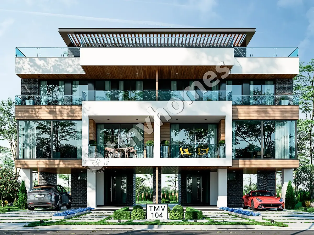 3-Story Modern Duplex Plan with Large Windows and Rooftop Deck – 1354 ft² Sq Ft per Unit