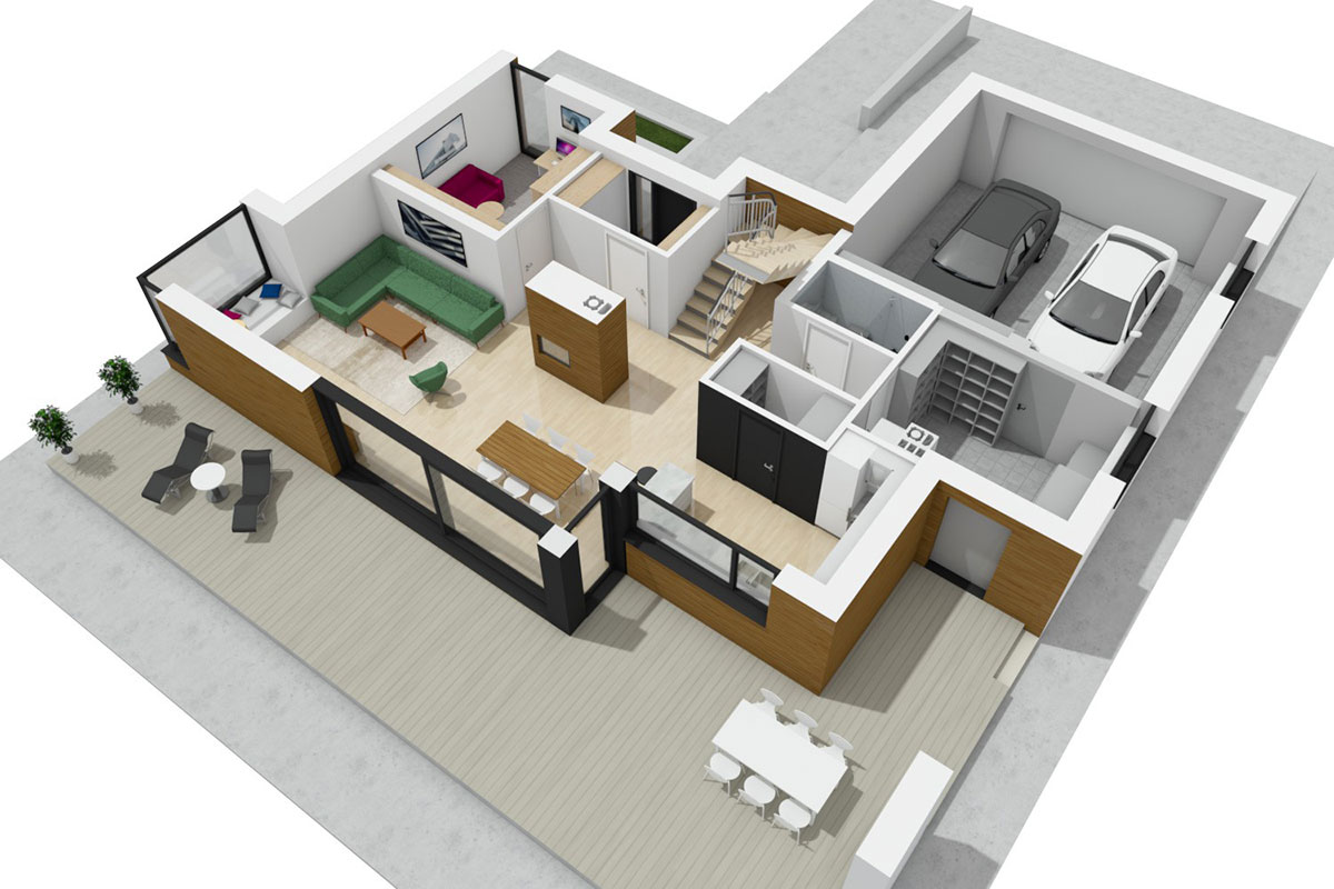 Single Floor Plan with Fireplace in Center of House and Garage - 14513R