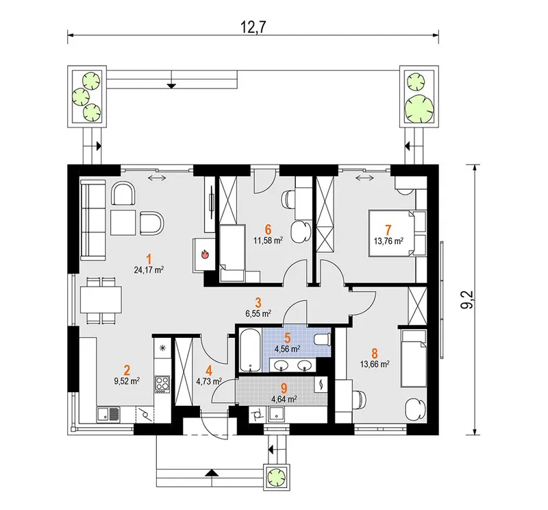 Main Floor 1 – Barn House Plan with Floor-to-Ceiling Windows