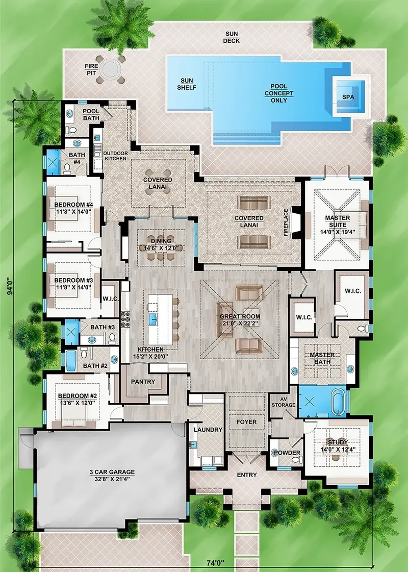 Main Floor 15 – 1-Story House Plan 3765 ft², 4 Beds — 87709R