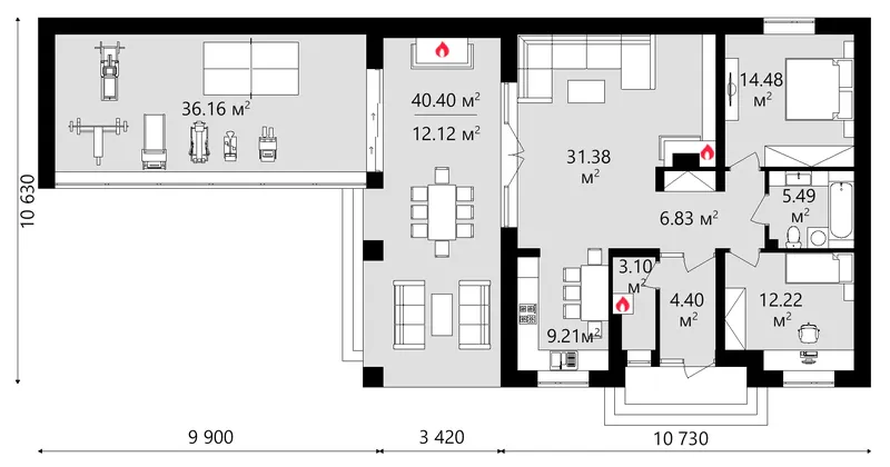 Main Floor 1 – 1-Story House Plan 1457 ft², 2 Beds — 48370C