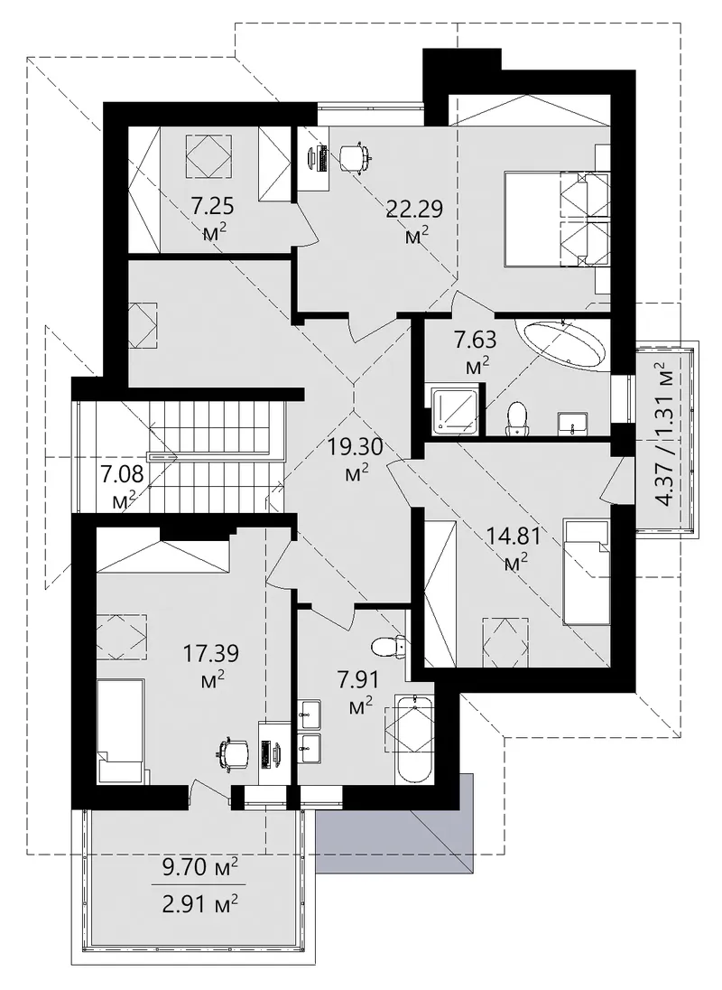 Second Floor 13 – 1.5-Story House Plan 2202 ft², 3 Beds — 68057C