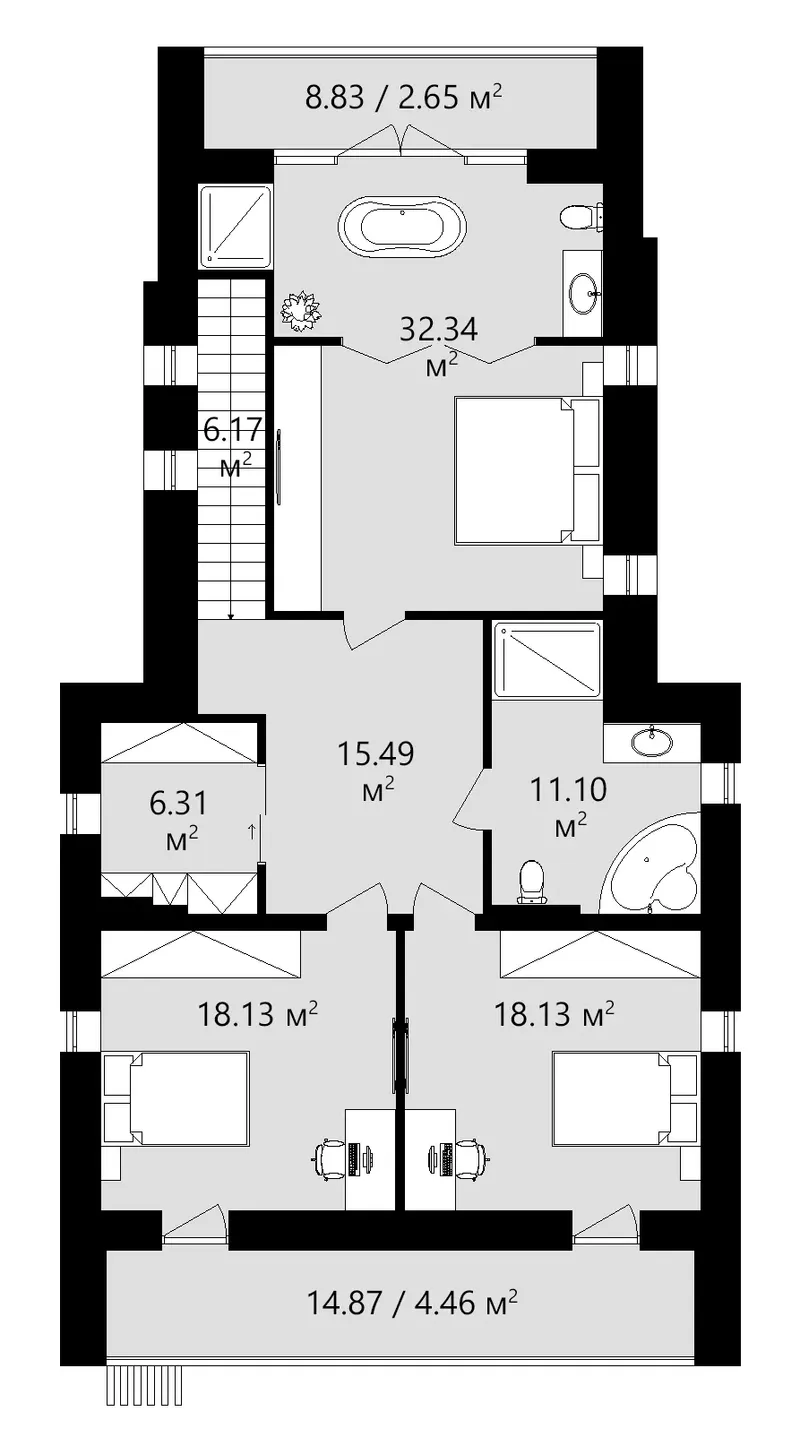 Second Floor 14 – 1.5-Story House Plan 2411 ft², 3 Beds — 27952C