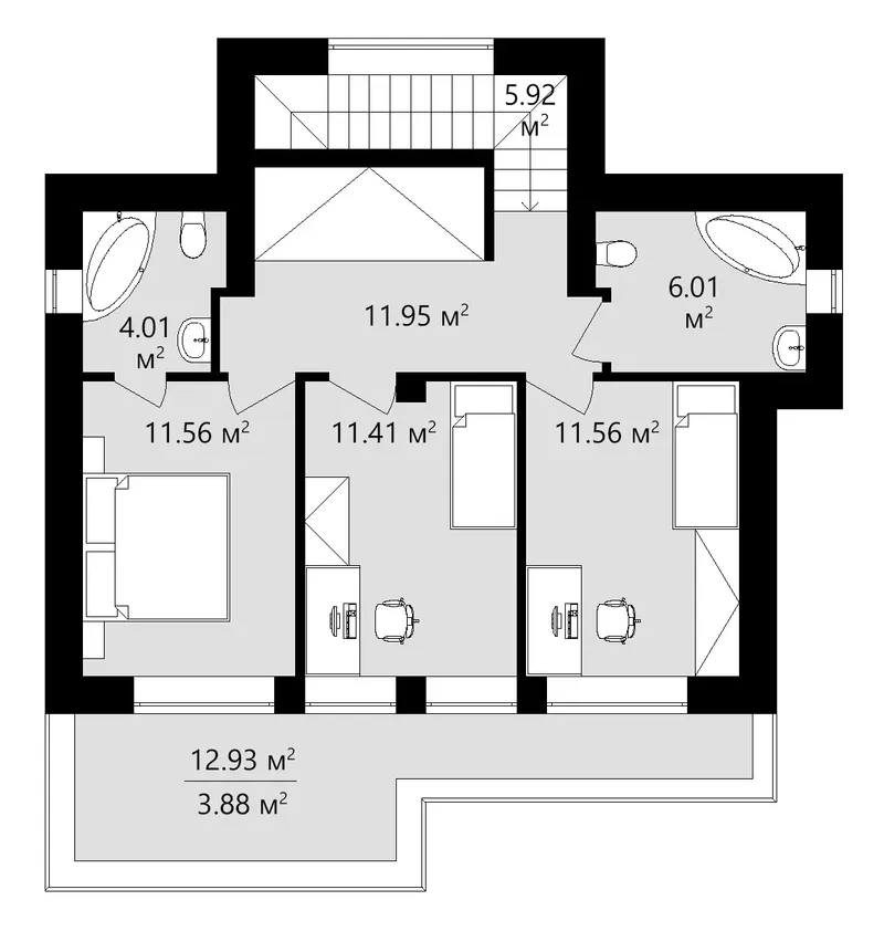 Third Floor 14 – 3-Story House Plan 1555 ft², 3 Beds — 10865C