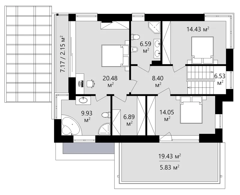 Second Floor 13 – 2-Story House Plan 2218 ft², 3 Beds — 93623C